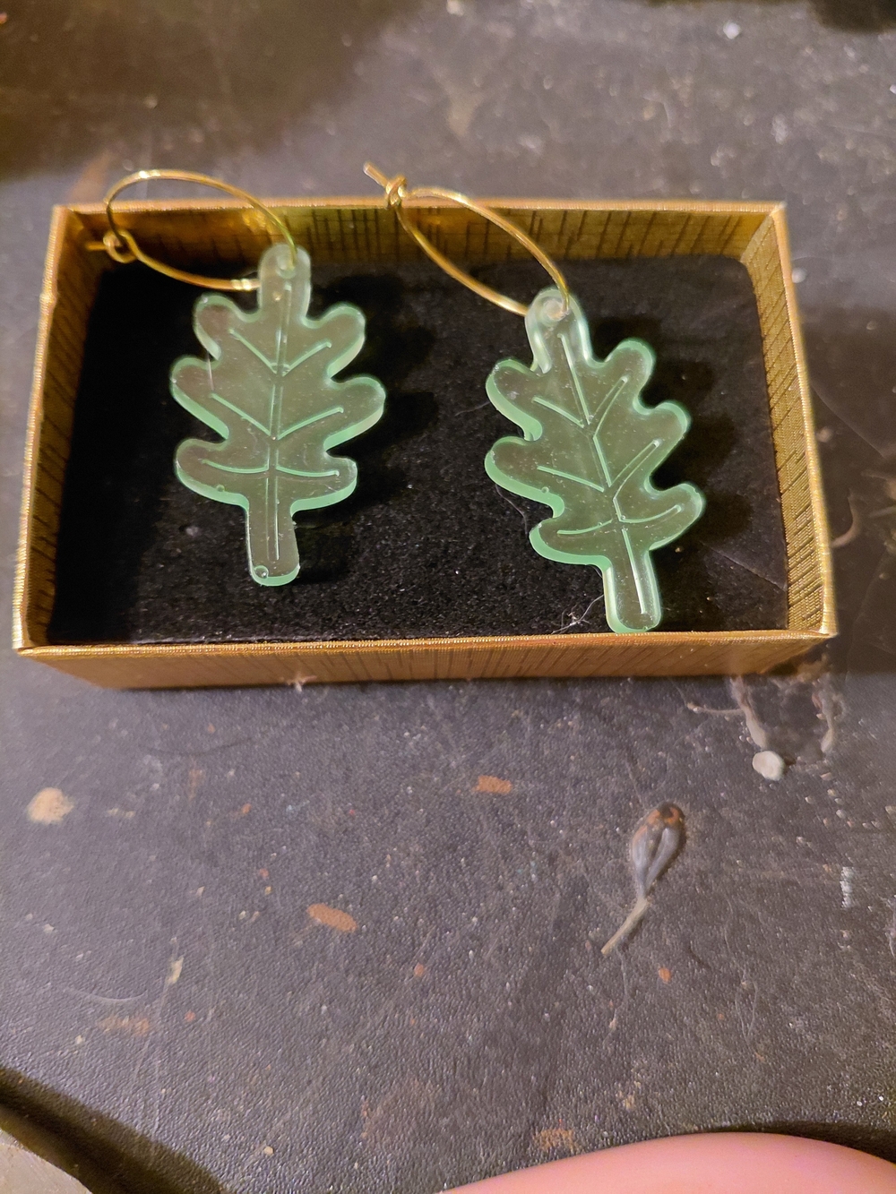 Green Leaf Acrylic Drop Earrings with Gold Hoops - Unbranded